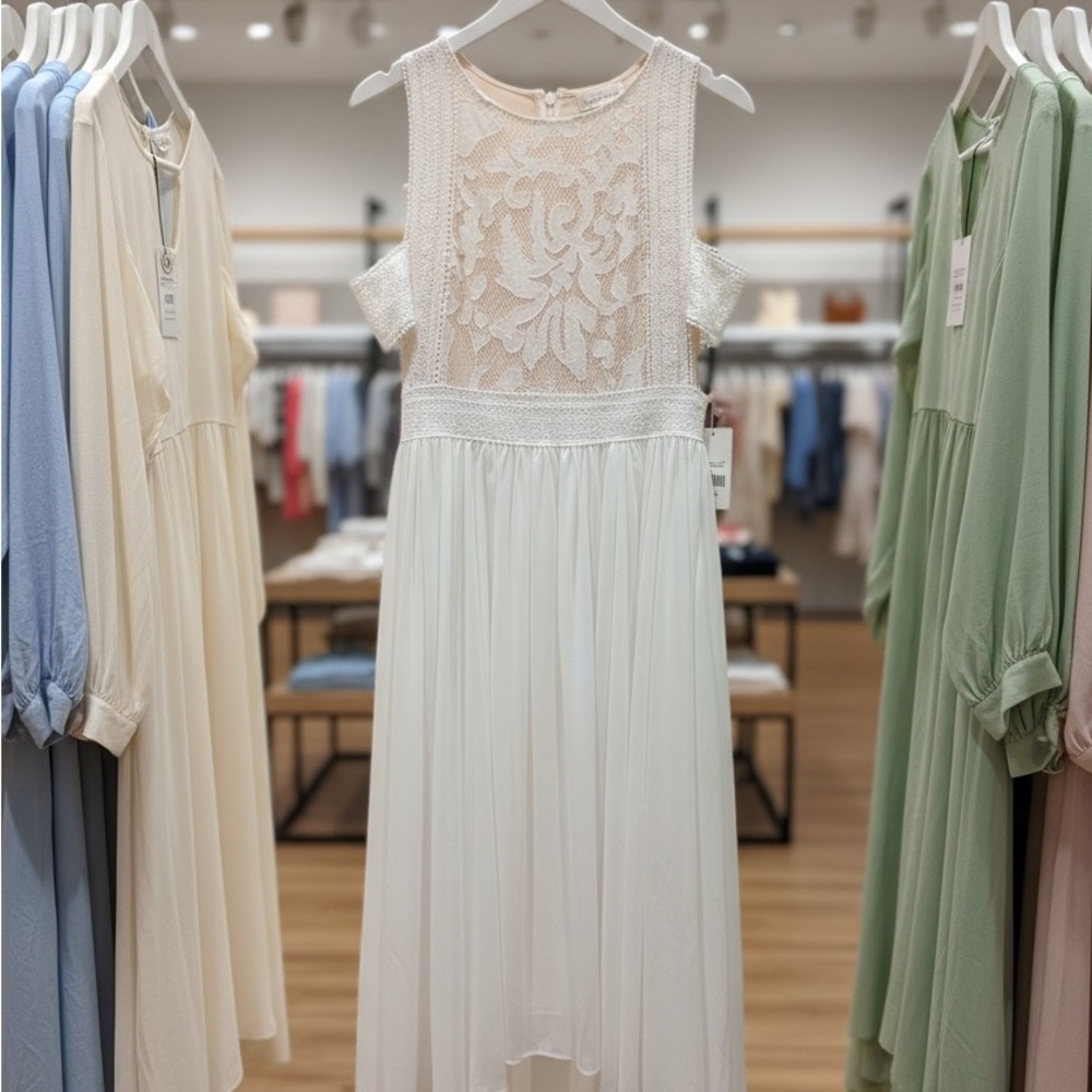 Sleeveless White Lace Skin Tone High-Low Dress